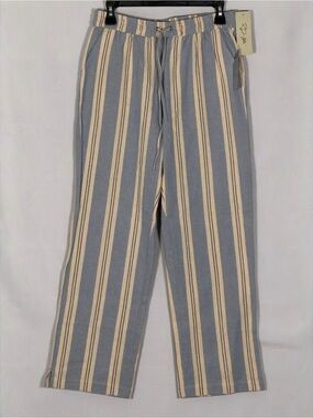 Striped Cotton Pants Women’s Medium Blue Beige Elastic Waist Wide Leg NWT